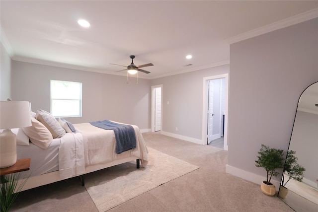 bedroom with light carpet, ornamental molding, visible vents, and baseboards