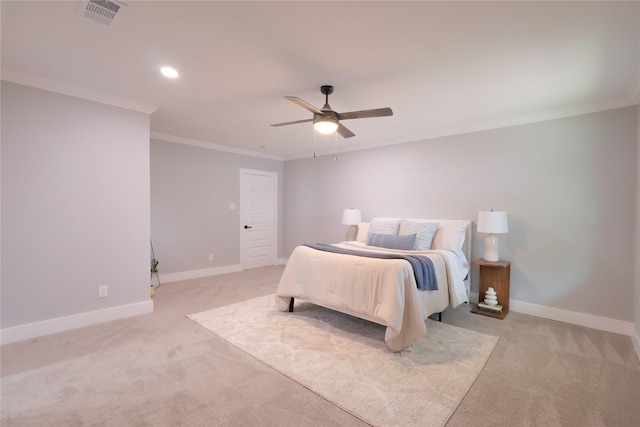 bedroom featuring light carpet, ornamental molding, visible vents, and baseboards