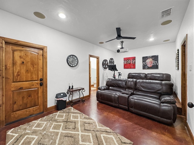 living area featuring ceiling fan, recessed lighting, visible vents, baseboards, and finished concrete floors