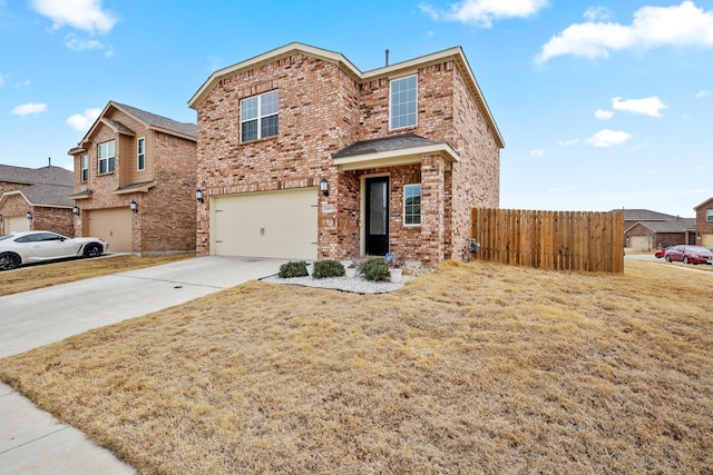 traditional-style home featuring driveway, brick siding, an attached garage, fence, and a front yard