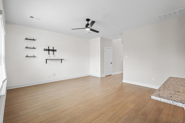 unfurnished living room featuring ceiling fan, light wood-type flooring, visible vents, and baseboards