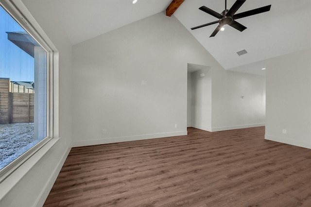 unfurnished room with dark wood-style floors, beam ceiling, visible vents, and baseboards