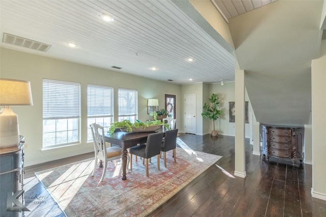 dining area with recessed lighting, visible vents, dark wood finished floors, and baseboards