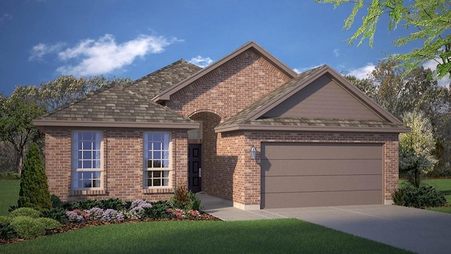 view of front facade with a garage, driveway, and brick siding