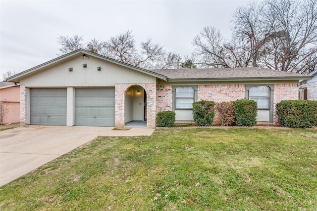 ranch-style house featuring concrete driveway, brick siding, an attached garage, and a front lawn