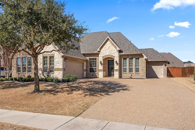 french country inspired facade featuring roof with shingles, brick siding, an attached garage, stone siding, and driveway