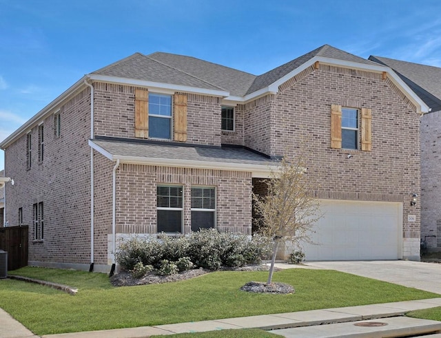 traditional-style home with a garage, a shingled roof, concrete driveway, a front lawn, and brick siding