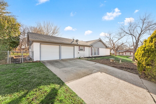 single story home featuring driveway, an attached garage, fence, a front yard, and brick siding