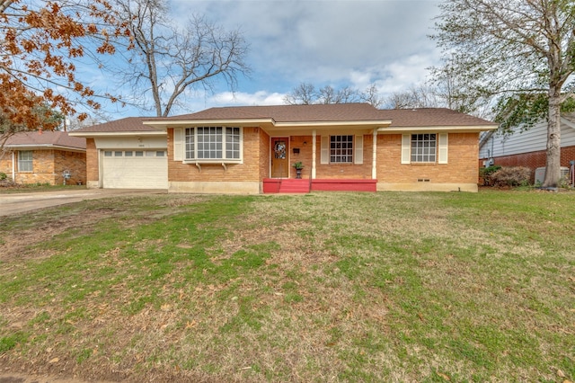 ranch-style home featuring a front yard, brick siding, driveway, and an attached garage