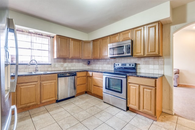 kitchen featuring appliances with stainless steel finishes, dark countertops, a sink, and backsplash