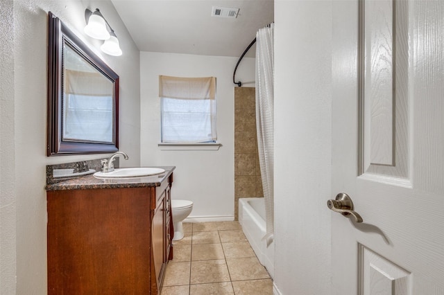 bathroom with visible vents, toilet, tile patterned flooring, shower / bathtub combination with curtain, and vanity