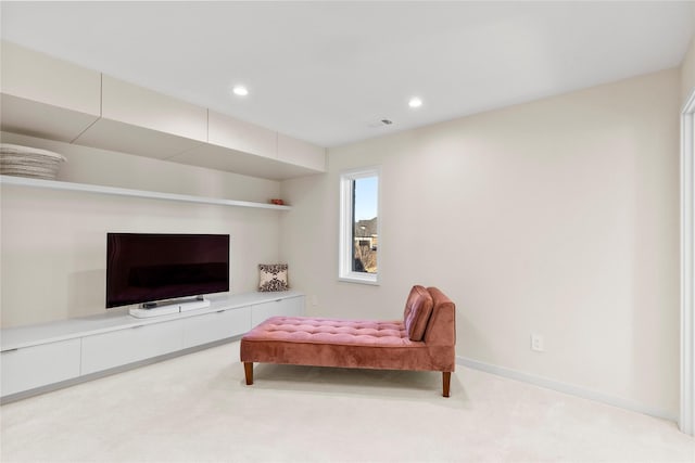 bedroom with recessed lighting, light colored carpet, visible vents, and baseboards