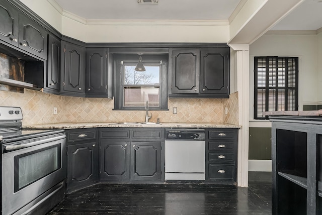 kitchen featuring light stone counters, stainless steel electric range oven, white dishwasher, and crown molding