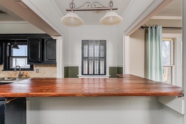 kitchen featuring hanging light fixtures, ornamental molding, a sink, and wooden counters