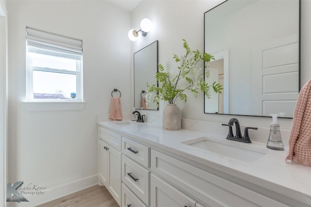 full bathroom with double vanity, baseboards, a sink, and wood finished floors