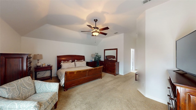 bedroom featuring lofted ceiling, baseboards, light carpet, and visible vents