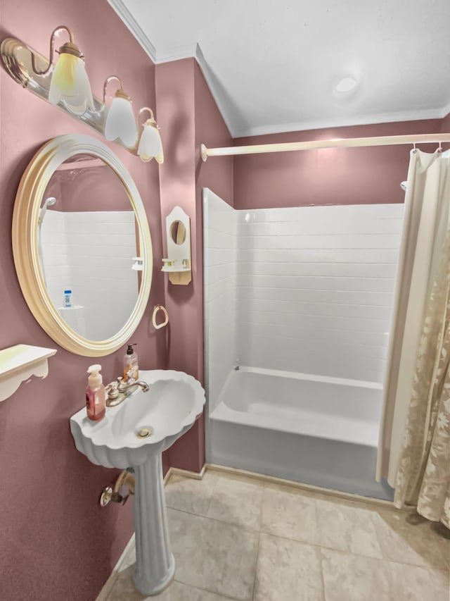 full bath with tile patterned flooring, shower / bath combination with curtain, and crown molding