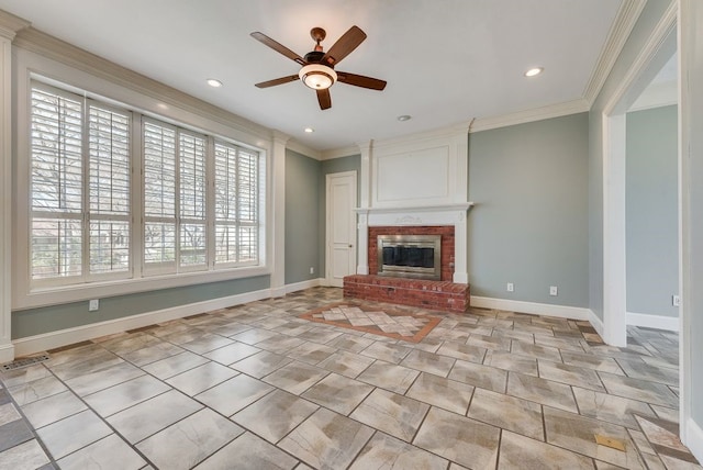 unfurnished living room featuring crown molding, a ceiling fan, visible vents, and baseboards