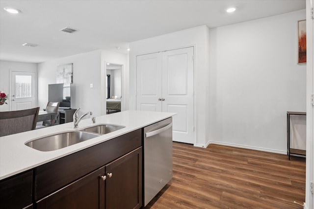 kitchen featuring dark wood-style flooring, a sink, visible vents, light countertops, and stainless steel dishwasher