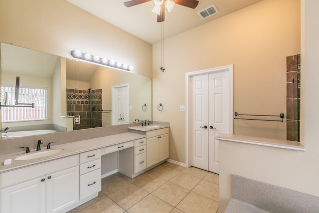 full bath featuring visible vents, a sink, a shower stall, double vanity, and ceiling fan