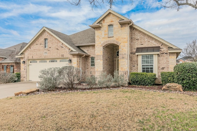 french provincial home with roof with shingles, concrete driveway, a front lawn, stone siding, and brick siding