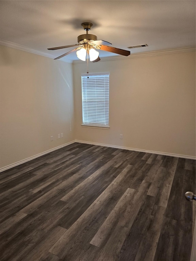 empty room with visible vents, baseboards, a ceiling fan, ornamental molding, and dark wood finished floors