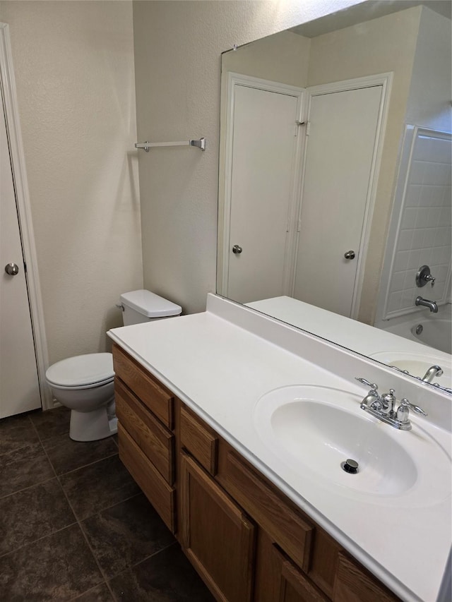 bathroom with shower / washtub combination, vanity, and toilet