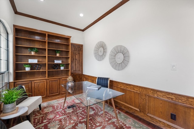 office with recessed lighting, wainscoting, crown molding, and wood finished floors