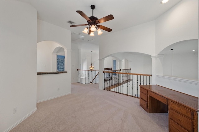 corridor featuring baseboards, visible vents, carpet flooring, an upstairs landing, and recessed lighting