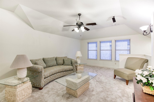 1005 Brendan Dr, Little Elm, TX 75068 - carpeted living area with vaulted ceiling and a ceiling fan