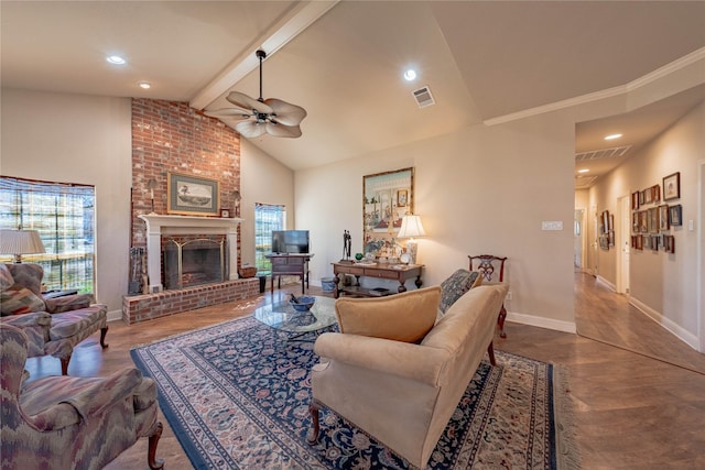 living area with lofted ceiling with beams, plenty of natural light, and visible vents