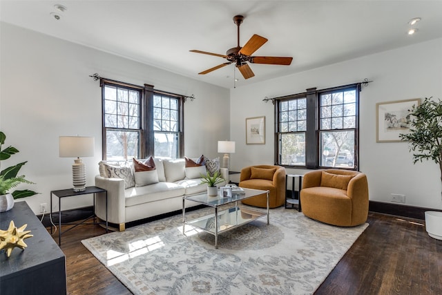 living room featuring wood finished floors, a healthy amount of sunlight, and baseboards