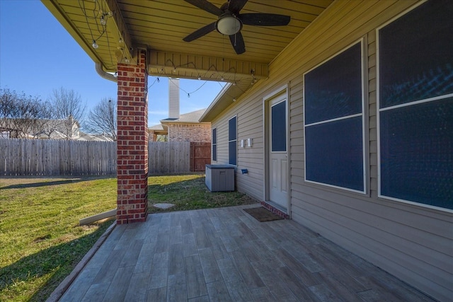 view of patio / terrace featuring fence and a ceiling fan