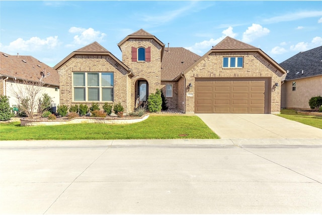 view of front facade with an attached garage, brick siding, driveway, roof with shingles, and a front lawn