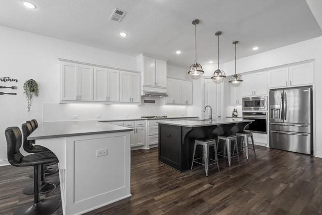 kitchen with dark wood-style floors, appliances with stainless steel finishes, white cabinetry, under cabinet range hood, and a kitchen breakfast bar