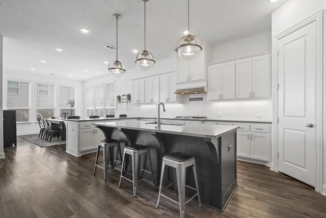 kitchen with white cabinets, a sink, a center island with sink, and under cabinet range hood