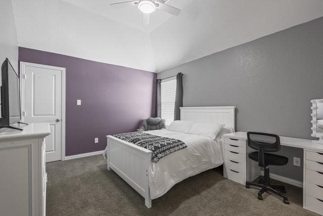 carpeted bedroom with baseboards, vaulted ceiling, and a ceiling fan