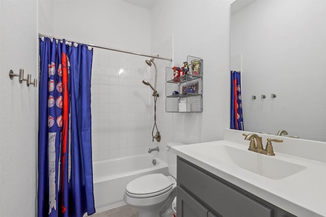 bathroom featuring toilet, shower / bathtub combination with curtain, and vanity