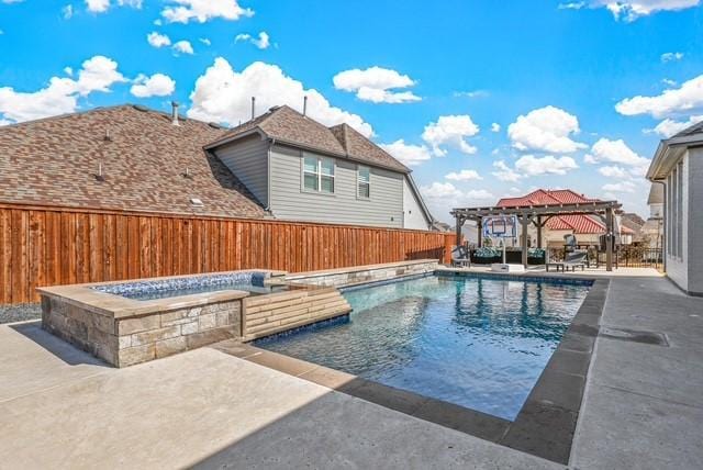 view of swimming pool with a fenced in pool, a patio area, a pergola, an in ground hot tub, and a fenced backyard