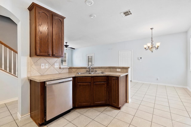 kitchen featuring tasteful backsplash, light countertops, stainless steel dishwasher, a sink, and a peninsula