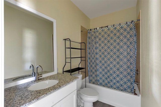 full bathroom with toilet, shower / bathtub combination with curtain, and vanity