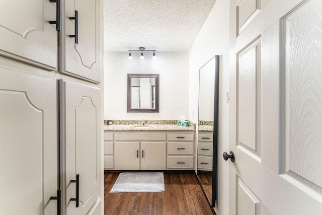 bathroom with a textured ceiling, wood finished floors, vanity, and track lighting