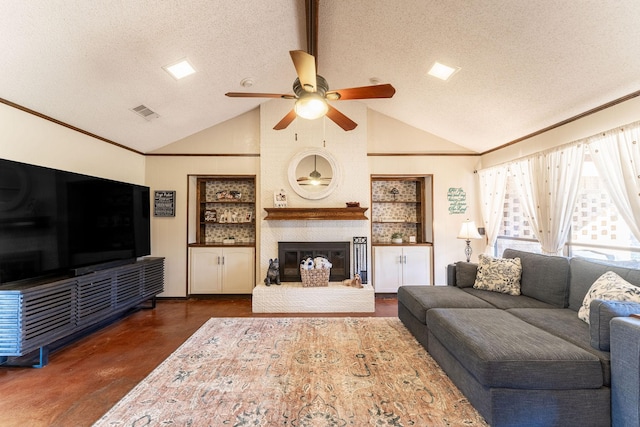 living area featuring lofted ceiling, visible vents, a textured ceiling, and finished concrete flooring