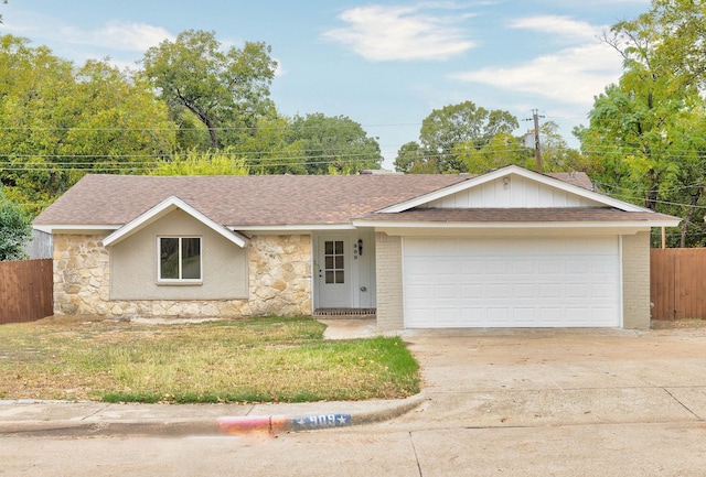 ranch-style home featuring stone siding, concrete driveway, fence, and an attached garage