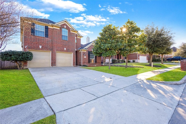 traditional-style house featuring an attached garage, brick siding, concrete driveway, and a front yard