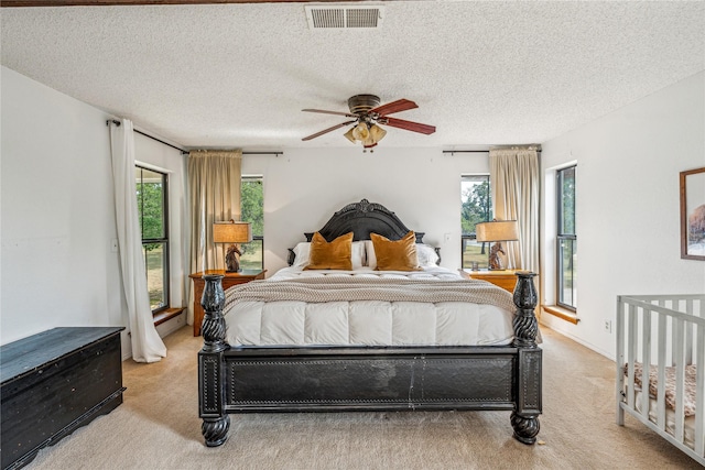 3113 Rock Creek Rd, Mineral Wells, TX 76067 - bedroom featuring multiple windows, visible vents, a textured ceiling, and light colored carpet