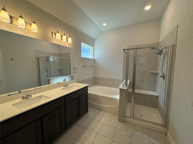 1433 Eagle Nest Dr, Pelican Bay, TX 76020 - bathroom with a shower stall, a garden tub, tile patterned floors, double vanity, and recessed lighting