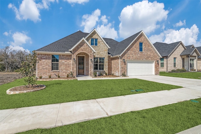 view of front facade with a shingled roof, a front yard, brick siding, and driveway