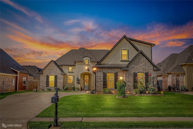 french country inspired facade with a yard, stucco siding, concrete driveway, and brick siding