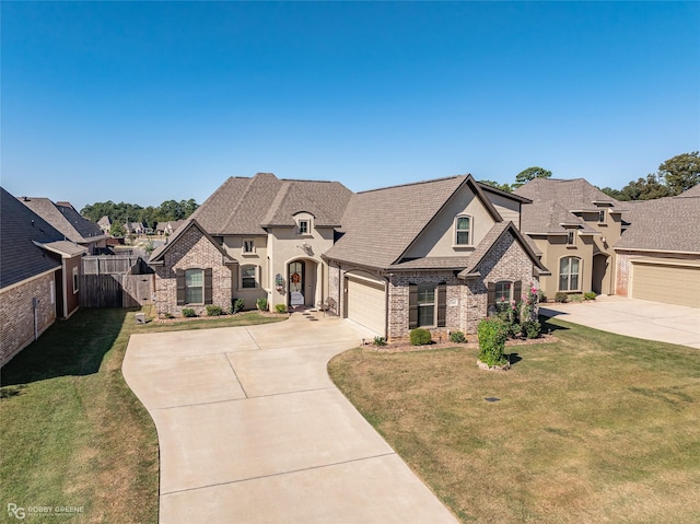 french provincial home with driveway, stucco siding, roof with shingles, a front yard, and brick siding